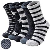 Niorasen Fuzzy Socks with Grips, 5 Pairs Warm Cozy Fluffy Slipper Socks, Soft Thick Winter Hospital Home Sleeping Christmas Gift for Men