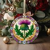 Scottish Thistle Christmas Ornament 2025 – Round Ceramic Ornament Double Sided – Scotland Celtic Holiday Ornament, Stained Glass Style Ceramic Tree Decoration, Scottish Heritage Ornament Gift(Q-16)