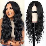 AISI HAIR Black Wig for Women, Long Wavy Lace Hairline Wig, 26 Inch Middle Part Synthetic Heat Resistant Wig for Daily Party