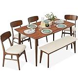 Best Choice Products 6-Piece Wooden Dining Set, Mid-Century Modern Table & Upholstered Chair Set w/Bench Seat, Rubberwood Legs - Brown/Cream