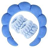 Zkptops Spa Headband for Washing Face Wristband Set Sponge Makeup Skincare Terry Cloth Bubble Soft Get Ready Hairband for Women Girl Puffy Padded Headwear Non Slip Thick Hair Accessory(Dark Blue)