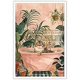 Funny Cat Bathroom Decor - Using Bathtub Posters, Cute in Shower Canvas Wall Art, Tropical Plants, Animal Flower Pot, Pink Bathtub Painting for Living Room, Bedroom, Toilet - 12x16in Unframed