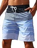 ELETOP Men's Swim Trunks Quick Dry Bathing Suit Swimming Board Shorts Mesh Lining Beach Swimwear Stripe Blue L