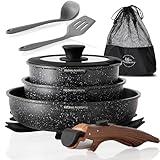 Kitchen Academy Detachable Handle Induction Cookware Sets - 10 Piece Non-stick Cooking Pots and Pans, Black Granite Stackable RV Cookware for Camp