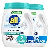 All Mighty Pacs Laundry Detergent, Free Clear Odor Relief, Tub, 56 Count (Pack of 2), 112 Total Loads