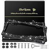 QUANQIUFEI 2 Pack Bling License Plate Frames for Women, Sparkly Rhinestone Diamond Car Accessories with Glitter Crystal Caps (Black)