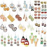 Nosiny 36 Pairs Beer Festival Earrings for Women Wooden Oktoberfest German Salted Pretzel Beer Wine Mug Earrings Funny Cute Drop Dangle Creative Costumes Outfits Accessories for Women Party