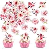 40 Pack Edible Flower Cupcake Toppers Edible Wafar Paper Spring Bridal Engagement Baby Shower Birthday Party Drink Toppers Anniversary Party Decorations Supplies Pink