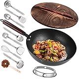 Leidawn 12.8" Carbon Steel Wok-11Pcs Woks & Stir Fry Pans Wok Pan with Lid, No Chemical Coated Chinese Wok with 10 Cookware Accessories, Flat Bottom Wok for Electric, Induction,Gas Stoves