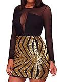 - 807 - Black Sheer Mesh Long Sleeves Club Sequins Dress Plus Size (Gold, 1X)