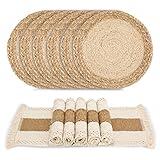 Zology Handmade Boho Placemats Set of 6 - Natural Cotton Burlap and Water Straw Woven Combination Table Mats, Macrame Décor and Farmhouse Style Placemats, for Dining Table Kitchen