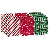 Hallmark Medium Christmas Gift Boxes with Lids (12 Shirt Boxes, 3 Designs: Lights, Trees, Red and Green Stripes) for Christmas, Holiday Parties, Hostess Gifts