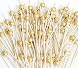 200PCS Cocktail Picks, Fancy Toothpicks for Appetizers, Decorative Skewers for Appetizers Drinks Party Fruit, 4.7 Inch Long Wooden Bamboo Gold Ball Food Sticks Charcuterie Boards Accessories