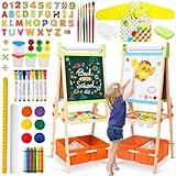 Kids Easel Including 100+ Accessories, Rundad Double Sided Wooden Easel for Kids Age 3-8 with Magnetic Chalkboard & Painting Board, Free Height Adjustable Art Easel Supplies for Toddlers