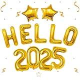 Gold Hello 2025 Balloons Numbers New Years Decorations with Star Balloons for New Years Eve Party Supplies 2025, , New Year Balloons for Happy New Year Decorations 2025, NYE Decorations 2025