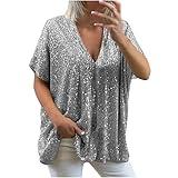 Hvyesh Deals of the Day Plus Size Sequin Tops for Women Bling Sparkly Blouses Dressy Casual Loose Fit Sexy Deep V Half Sleeve Party Shirts Plus Size Holiday Tops Gold Large Blusas De Mujer