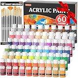 72 Pack Acrylic Paint Set, Shuttle Art 60 Colors Acrylic Paint Including Extra White Black & 12 Brushes, 2oz/60ml, Rich Pigmented, Water Proof, Ideal for Artists, Beginners on Canvas Rock Wood Ceramic