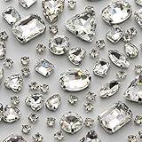 TANOSII Sew on Rhinestones 100 PCS Mixed Shapes Glass Rhinestones Sew on Crystal Gems Mental Flatback with Silver Claw for Jewelry Crafts Clothes Shoes Costume Garment White