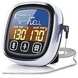 Meat Thermometer, with Long Probe, Digital Meat Thermometer with Large Touchscreen LCD, Kitchen Timer, Grill Thermometer, Cooking Food Meat Thermometer Instant Read for Smoker Kitchen BBQ Oven