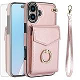 Asuwish Compatible with iPhone 16 Plus 6.7 inch Wallet Case Tempered Glass Screen Protector and RFID Blocking Ring Stand Card Holder Cell Phone Cover for i Phone16 16+ i16 + 16Plus Women Men Rose Gold