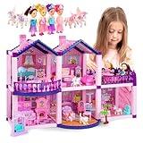 Dollhouse with 4 Princesses, 4 Unicorns, Dog, Furniture and Accessories - Pink and Purple Dream Doll House Toy for Little Girls - 5 Rooms w/Garden, Furniture and Accessories, Gift for Girls Ages 2-7