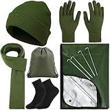 Chicingyou 6 Pcs Winter Warm Survival Camping Kit – Knit Beanie Hat, Touchscreen Gloves, Scarf, Warm Socks, Heat-reflective Emergency Blanket, and Waterproof Drawstring Bag for Hiking, Outdoor Travel