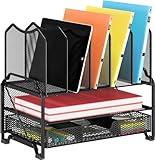 Simple Trending Mesh Desk File Organizer, Office Supplies Desktop Storage with Sliding Drawer, Double Tray and 5 Upright Section Sorter Organizer, Black