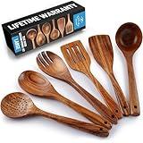 Zulay Kitchen Extra-Large 6-Piece Wooden Spoon Set for Cooking - Smooth Teak Wooden Utensils - Comfort-Grip Non-Stick Wooden Cooking Spoons - Large Wooden Turner, Spatula, Skimmer, Fork, Serving Spoon