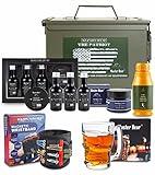 Gift for Men | 50 Cal Metal Ammo Cans Gift Box Shaving Grooming Set Collection for Him | Fathers Day Holiday Christmas Gift Ideas with Glass Skull Beer Mug, Magnetic Wristband, Hand Cream, Body Wash