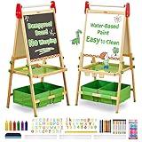 FUNLIO Anti-Warping Kids Art Easel, 3 Height Adjustable for Kids Aged 2-8, All-in-One Toddler Easel with Paper Roll & Erasable Frame, Standing Easel with Magnetic Chalkboard/Whiteboard (Green)