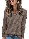 SAMPEEL Fall Outfits for Women 2024 V Neck Long Sleeve Shirts Dressy Casual Tops Winter Sweaters Trendy Coffee L