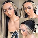 BrownBomb Skunk Stripe Wig Lace Front Wig Pre Plucked Ready to Wear, HD Glueless 13X5X1 Synthetic Lace Front Wigs for Women 180 Density 26inch, Black and Blonde Wig Skunk Stripe Effortless Chic