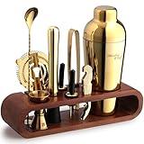 Mixology & Craft Bartender Kit: 10-Piece Bar Tool Set with Mahogany Stand | Perfect Home Bartending Kit and Martini Cocktail Shaker Set, Perfect Drink Mixing Experience | Fun Housewarming Gift (Gold)