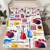Manfei Musical Kids Fitted Sheet Queen Size, MusicalGuitar Radio Drum Kit Headset Print Bedding Set 3pcs for Boys Girls, Rock Music Bed Cover with 2 Pillowcases, Soft Polyester Bedding, No Top Sheet