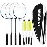 HIRALIY Badminton Rackets for Outdoor Backyard Games, Lightweight Badminton Set of 4 for Kids & Adults & Beginners, Including 4 Rackets, 12 Nylon Shuttlecocks, 4 Replacement Grip Tapes, 1 Carrying Bag