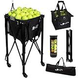 MORVAT Professional Tennis & Pickle Ball Hopper Holds 165 Balls Heavy-Duty Pro Sports Practice Cart, Foldable Portable Compact & Lightweight Zippered Pocket & Racket Holder, Carry Bag + 3 Tennis Balls