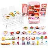 95 Pcs Dollhouse Refrigerator Mini Fridge Table Dining Car Toy with Food Set Kitchen Furniture Miniatures Party Fruits Juice Milk Desserts for Children Drink Cake Pretend Play Game Fake Ice Cubes