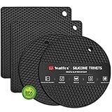 Walfos Silicone Trivet Mats - 4 Heat Resistant Pot Holders, Multipurpose Non-Slip Hot Pads for Kitchen Potholders, Hot Dishers, Jar Opener, Spoon Holder, Food Grade Silicone & BPA Free (Black)