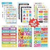 Hadley Designs 16 Educational Posters for Classroom & Kindergarten, Kindergarten Classroom Must Haves, Laminated PreK Learning Chart Materials US & World Map, ABC Alphabet, Shapes, Days of the Week