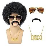 TUOFLY Afro Wig Men, 5pcs Set ( Glasses+ Necklace+ Mustache+ Wig Cap ) 70'S Costumes Disco Wig for Men Natural Fluffy Short Black Curly Synthetic hair for Halloween Chrismas Cosplay Party