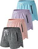 4 Pack Youth Girls Athletic Shorts 3", Girls Soccer Shorts, Kids Workout Gym Clothes Activewear Apparel with Zipper Pockets (Set 3, Large)