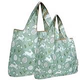 allydrew Large & Small Foldable Tote Nylon Reusable Grocery Bags, Set of 2, Easter Bunny