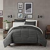 Nine West Harlow 7 Piece Reversible Stripe Bed in a Bag Complete Bedding Comforter Set with Sheets and Pillow Case for All Season, King, Black