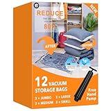 12 Pack Vacuum Storage Bags (3 x Jumbo, 3 x Large, 3 x Medium, 3 x Small), Space Saver Sealer Compression Bags with Travel Hand Pump for Blankets, Comforters, Pillows, Clothes Storage