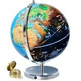 Interactive World Globe for Adults - Large 13 Inch Globe with Stand - Earth Globe with Illuminated Constellations Light Up at Night - Geographic Map for Kids - Educational Learning Gift - Compass to navigate it!