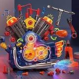 Jovow Engine Building Kit, Kids Mechanic Toys for Motorcycle Engine Toy, STEM Engine Model Kit Toy with Cool Light and Music, Educational Science Building for Boys Age 3+Year Old Mechanic Tools (Blue)