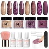 AZUREBEAUTY Dip Powder Nail Kit, 4 Colors Brown Purple Glitter Dipping Powder Starter Liquid Set Recycling Tray with Base & Top Coat Activator for French Nail Art Manicure Salon DIY at Home