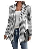 GORGLITTER Women's Houndstooth Long Sleeve Button Blazer Jackets Trendy Open Front Casual Business Work Office Blazers Black and White X-Large