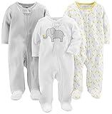 Simple Joys by Carter's Baby 3-Pack Neutral Sleep and Play, Light Grey Mini Stripe/White Elephant/Giraffe, Preemie