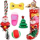 Auliand Christmas Stocking Dog Toys, 5Pcs Xmas Dog Toys Set with Santa Rope Toy, Squeaky Dogs Toy, Tennis Ball, Pet Supplies for Interactive Small & Medium Dogs Christmas Decorations